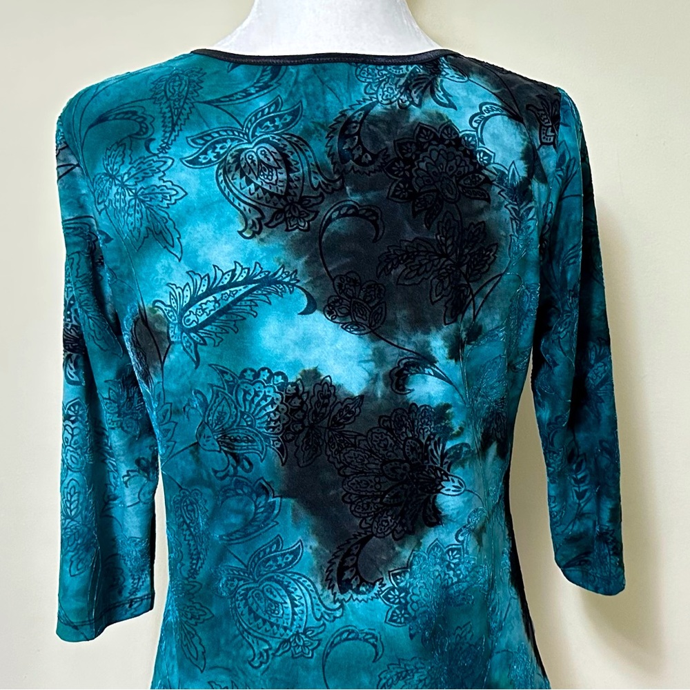 Sami & Jo Blue Green w Black Square Neckline Ruched Down Front Blouse Top LP - Picture 10 of 15